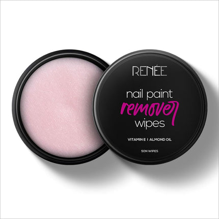 Product image of RENEE Nail Paint Remover Wipes, detailing the benefits of acetone-free nail polish remover and enriched moisturizing oils.