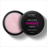Product image of RENEE Nail Paint Remover Wipes, detailing the benefits of acetone-free nail polish remover and enriched moisturizing oils.