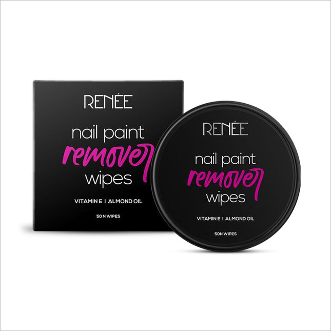 RENEE Nail Paint Remover Wipes pack showcasing easy and hassle-free nail polish removal, enriched with Vitamin E and almond oil for moisturized nails.