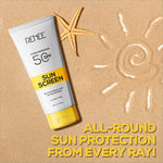 a sunscreen and a starfish on a sandy beach