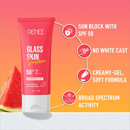 Get ready with RENEE Glass Skin Gel Sunscreen SPF 50, the ultimate lightweight sunscreen for oily skin. Infused with Watermelon and enhanced with Beetroot & Hyaluronic Acid 50gm, it delivers radiant, hydrating, and non-sticky application while providing UVA & UVB Protection with zero white cast.