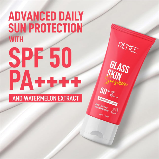 Experience RENEE Glass Skin Gel Sunscreen SPF 50, a lightweight sunscreen for oily skin, enriched with Watermelon, Beetroot & Hyaluronic Acid 50gm for radiant, hydrating, and non-sticky results. Perfect for supple skin, it ensures UVA & UVB Protection without leaving a white cast.