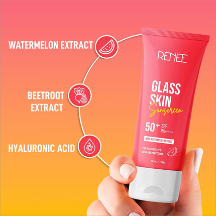 RENEE Glass Skin Gel Sunscreen SPF 50 presents a lightweight sunscreen for oily skin, infused with Watermelon and enhanced with Beetroot & Hyaluronic Acid 50gm for radiant, hydrating, and non-sticky care. It delivers effective UVA & UVB Protection with a zero white cast.