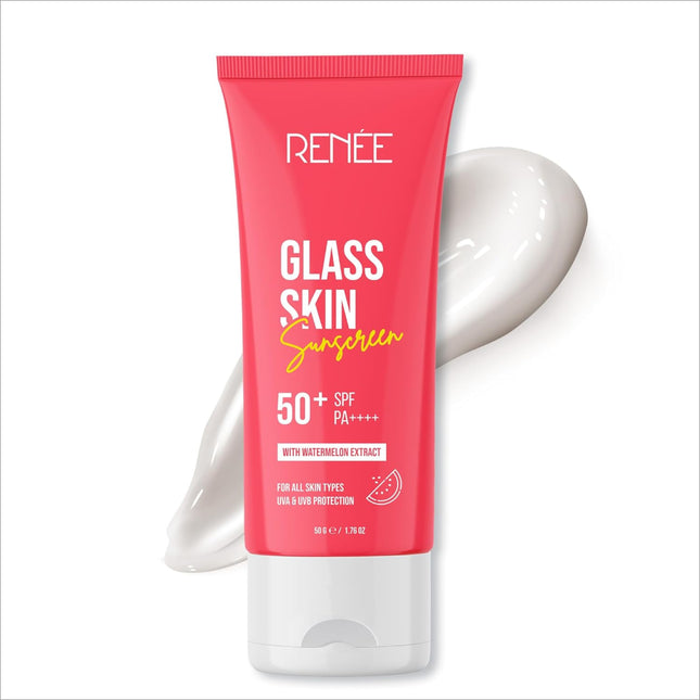 RENEE Glass Skin Gel Sunscreen SPF 50 offers lightweight sunscreen for oily skin, infused with Watermelon and featuring Beetroot & Hyaluronic Acid 50gm for radiant, hydrating, and non-sticky protection. Designed for supple skin, this formula provides UVA & UVB Protection with zero white cast.