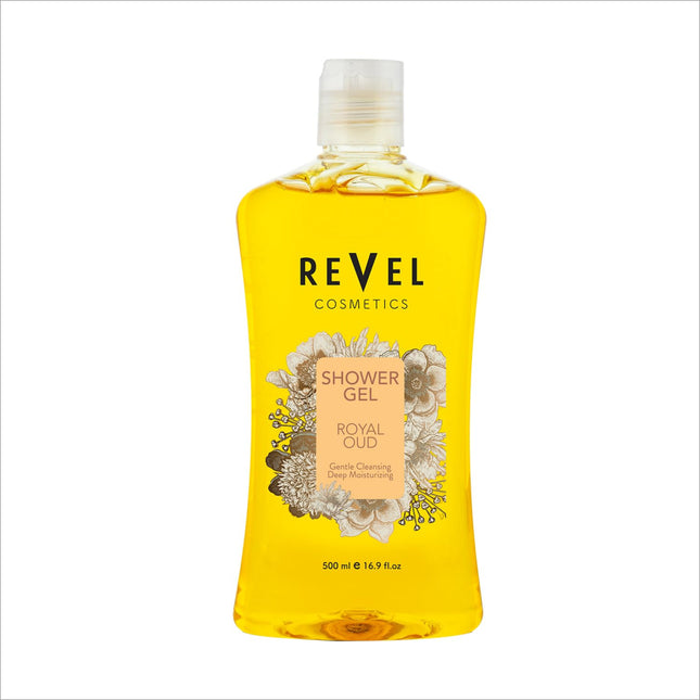 Revel Royal Oud Shower Gel 500ml in a vibrant yellow packaging, offering gentle cleansing and deep moisturizing, perfect for daily use by both men and women. Ideal oud shower gel for all skin types.