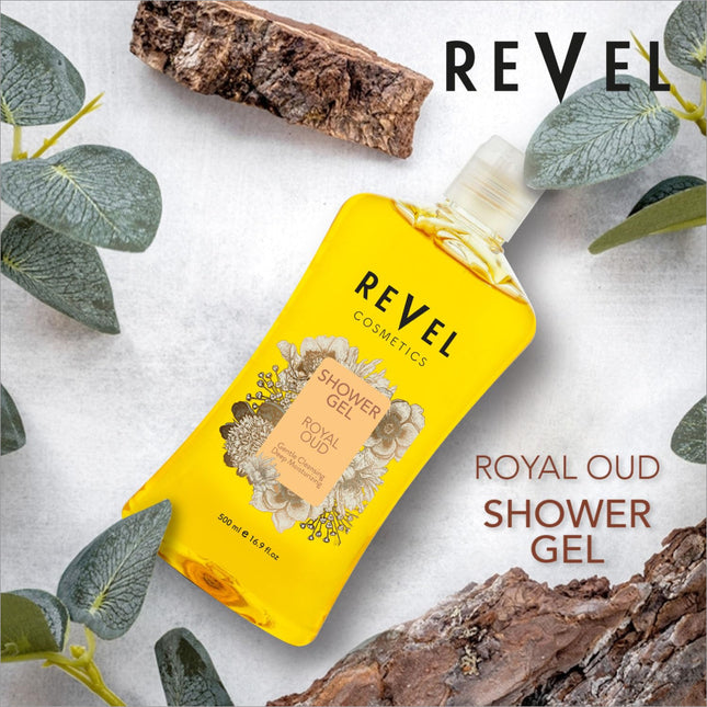 Indulging in the luxurious pleasure of Revel Royal Oud Shower Gel, showcasing its soothing lather and irresistible oud fragrance, designed for a moisturizing body wash experience for all skin types.