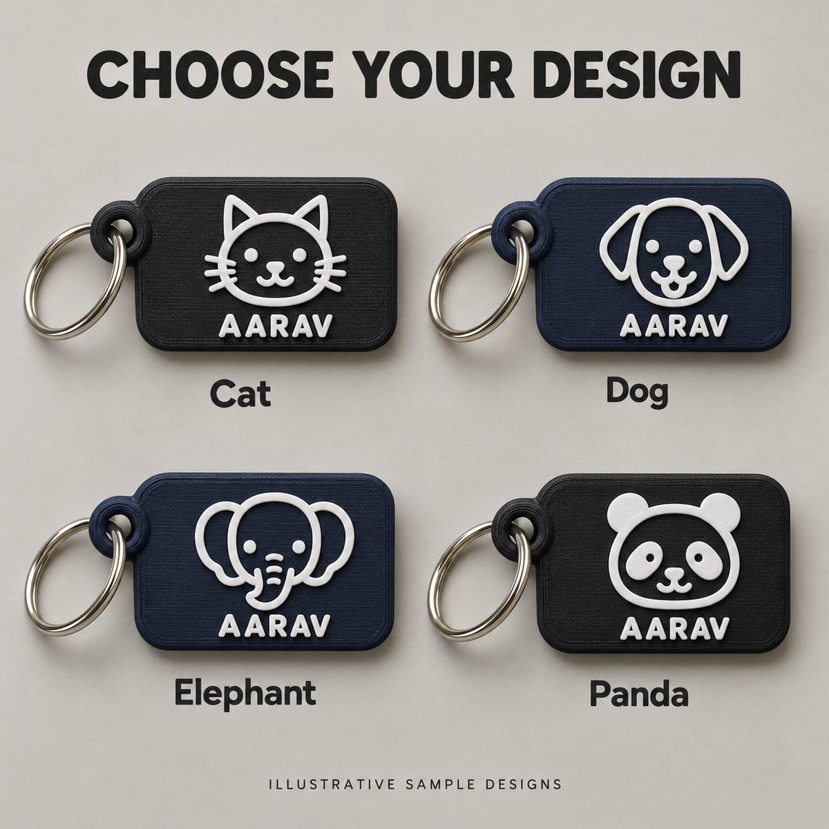 Illustrative Cat, Dog, Elephant, Panda design choices; price applies to selected pack, not every style shown