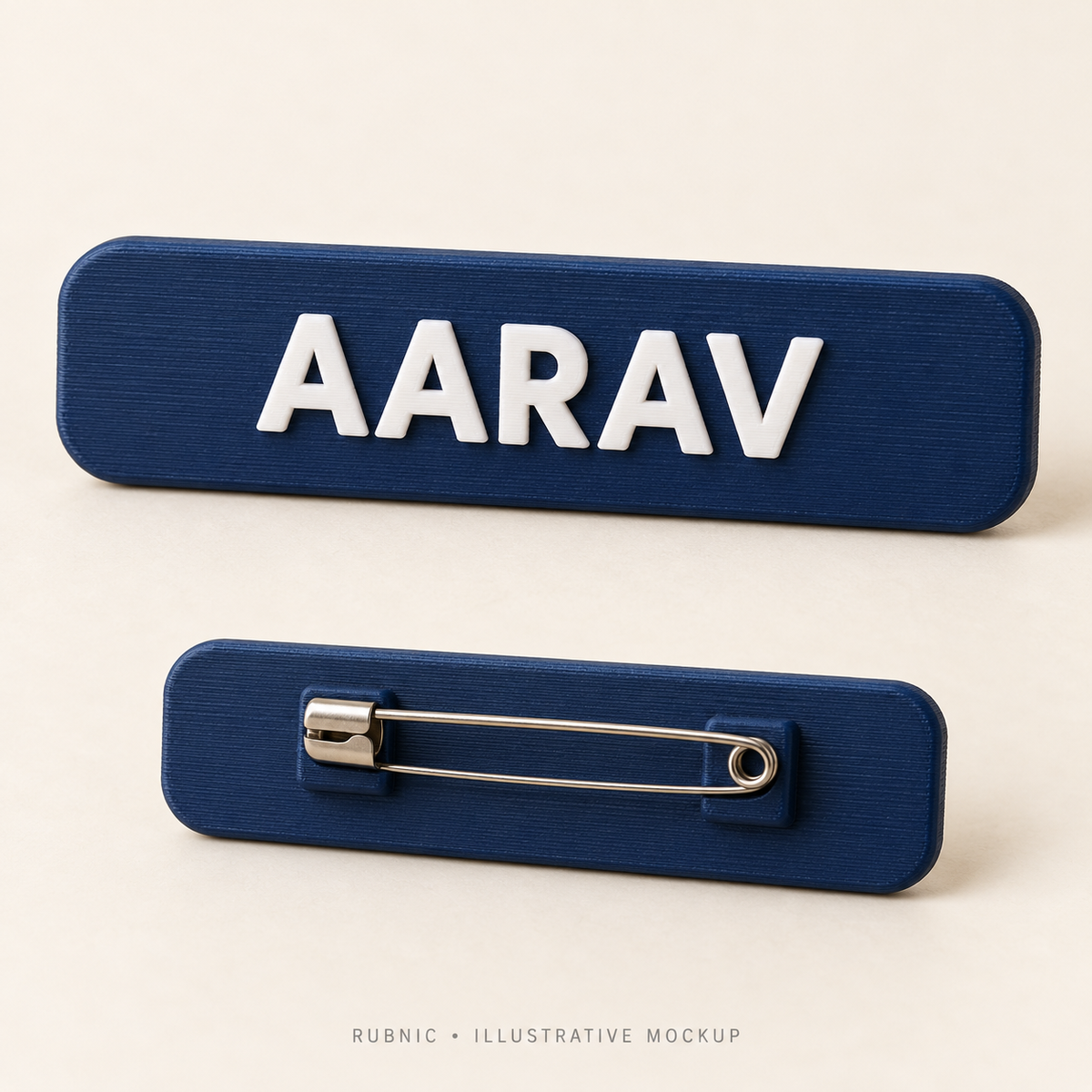 Illustrative Rubnic Personalized Name Badge – Single Line front and attachment views