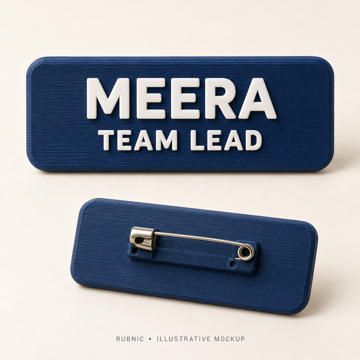 Illustrative Rubnic Personalized Name Badge – Name & Role front and attachment views