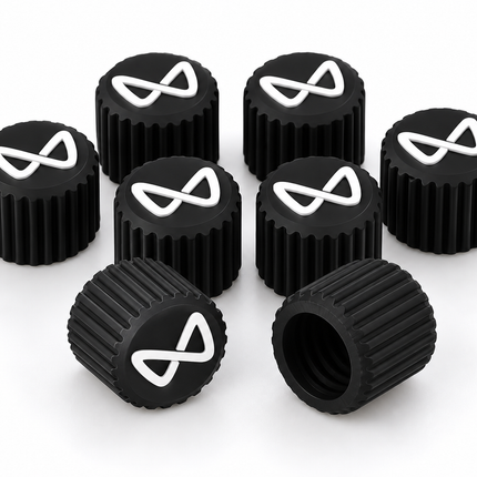 Eight BE6 style black PETG tyre valve caps with all-black inner thread