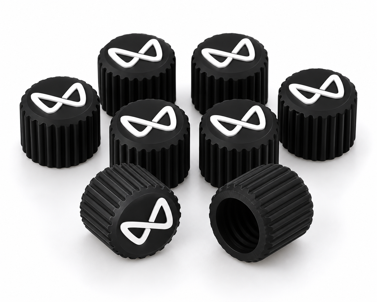 Eight BE6 style black PETG tyre valve caps with all-black inner thread