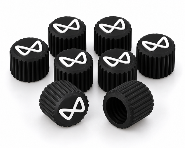 Eight BE6 style black PETG tyre valve caps with all-black inner thread