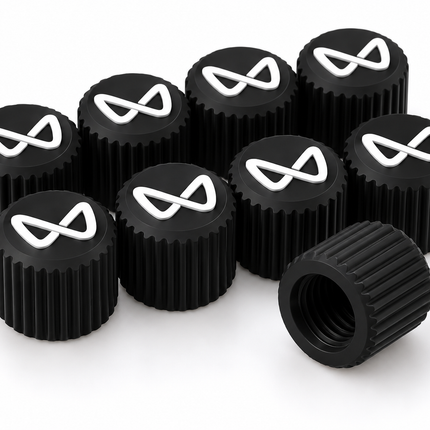 Black PETG tyre valve caps 8 piece pack product angle