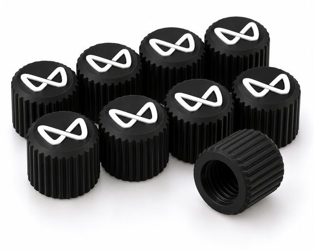 Black PETG tyre valve caps 8 piece pack product angle