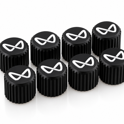 Eight black and white PETG tyre valve dust caps