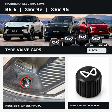 BE 6 XEV 9e XEV 9S illustrative lineup with valve cap detail and real BE 6 fitment photo