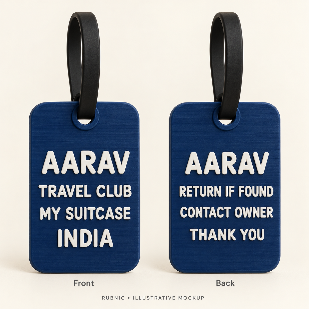Personalized Double-Sided Luggage Tag – Up to 8 Lines – illustrative 3D printed sample and attachment views