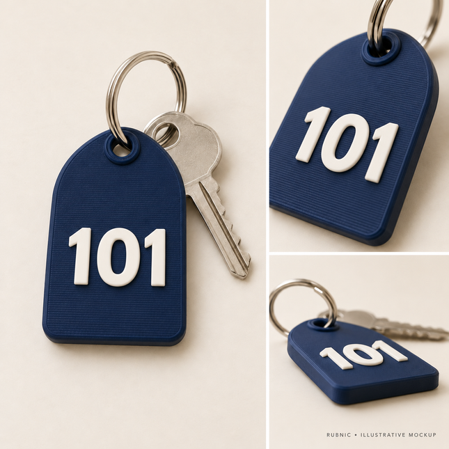 Rubnic single-line arch hotel keychain with metal ring – illustrative mockup