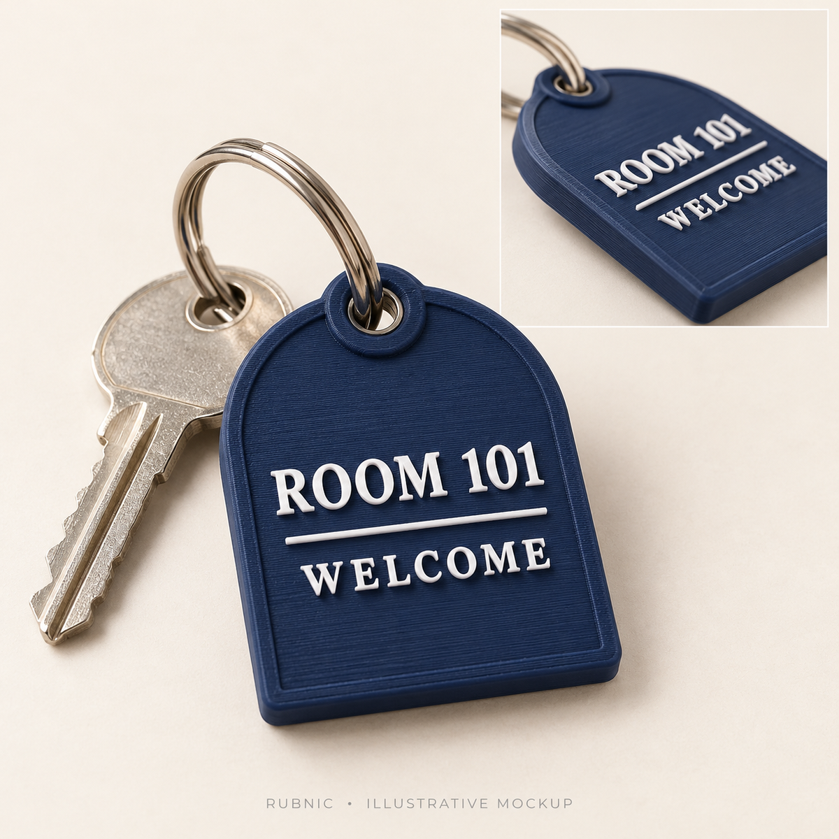 Personalized Hotel Keychain – Boutique Arch, 2 Lines – illustrative 3D printed sample and attachment views