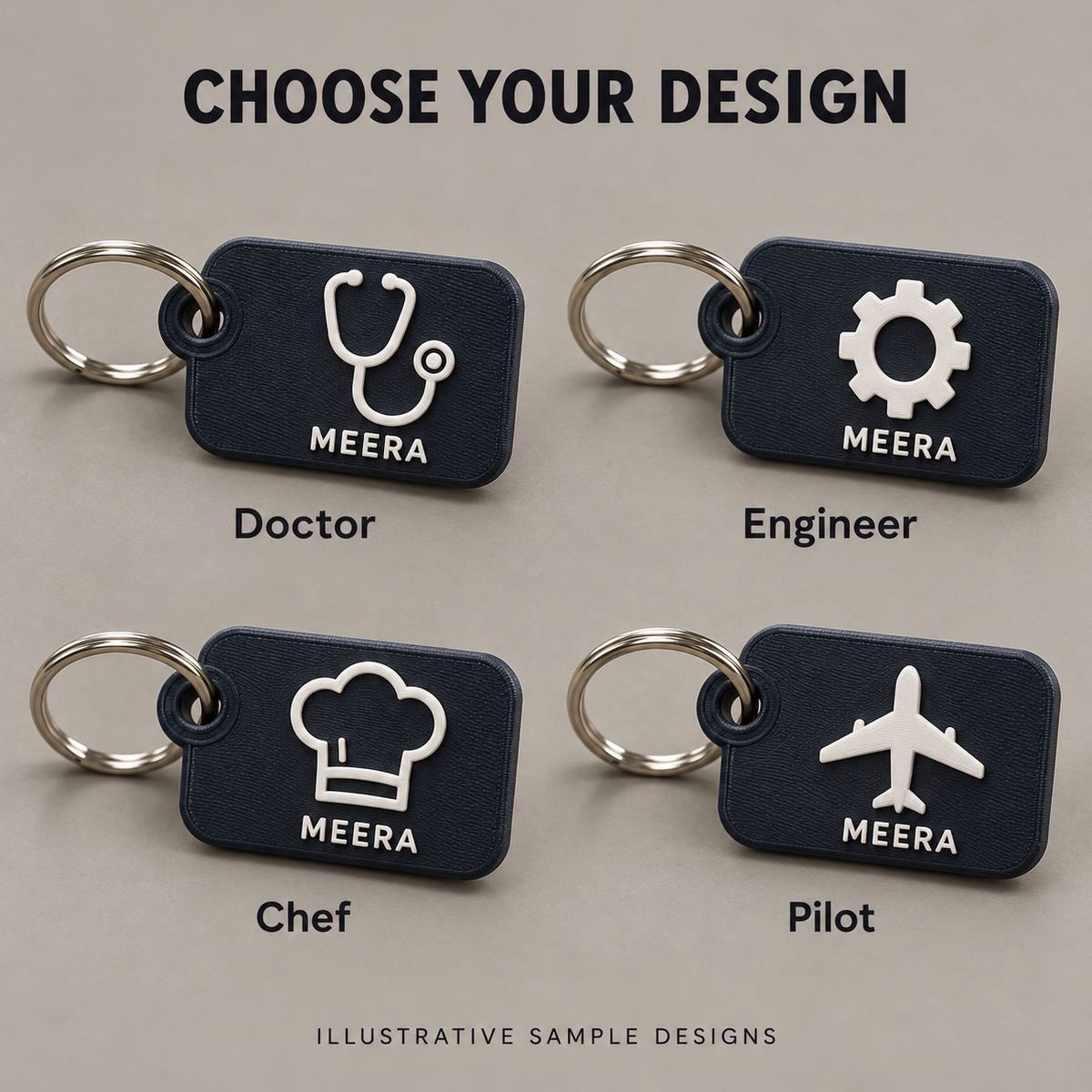 Illustrative Doctor, Engineer, Chef, Pilot design choices; price applies to selected pack, not every style shown