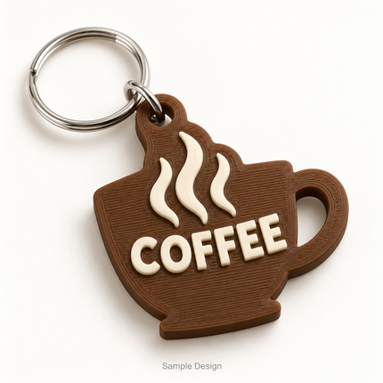 Rubnic sample brown 3D printed coffee cup keychain with cream raised lettering