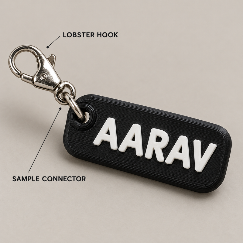 Illustrative hook connector close-up on an example name tag; product shape follows selected design