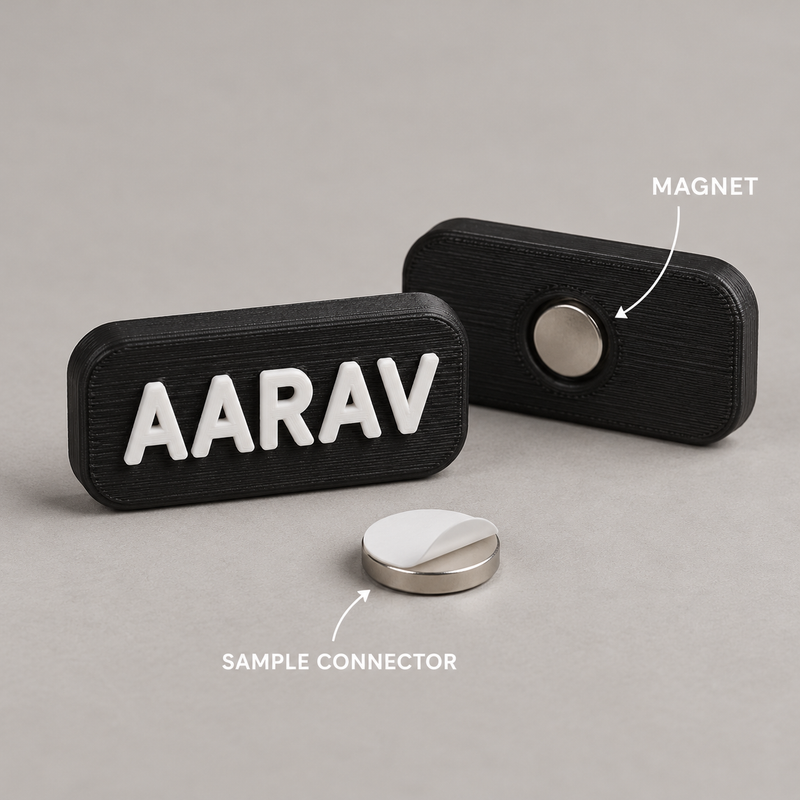 Illustrative magnet connector close-up on an example name tag; product shape follows selected design