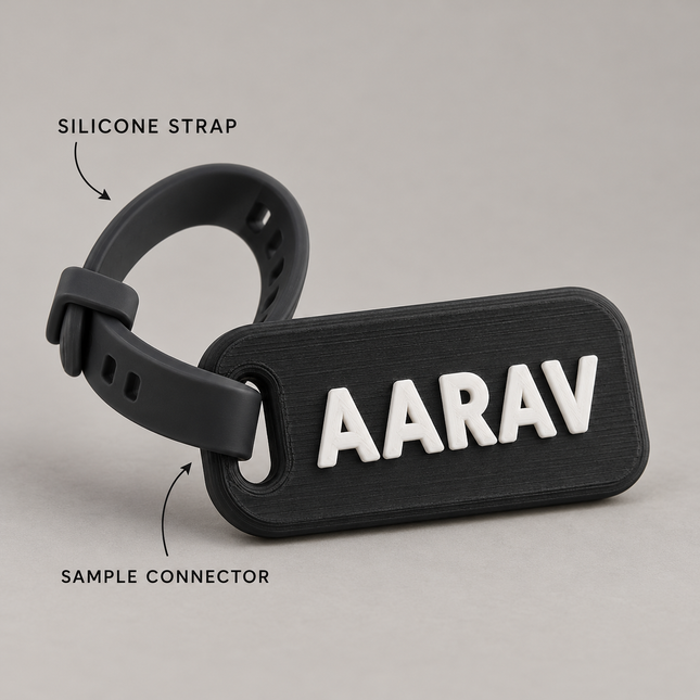 Illustrative strap connector close-up on an example name tag; product shape follows selected design
