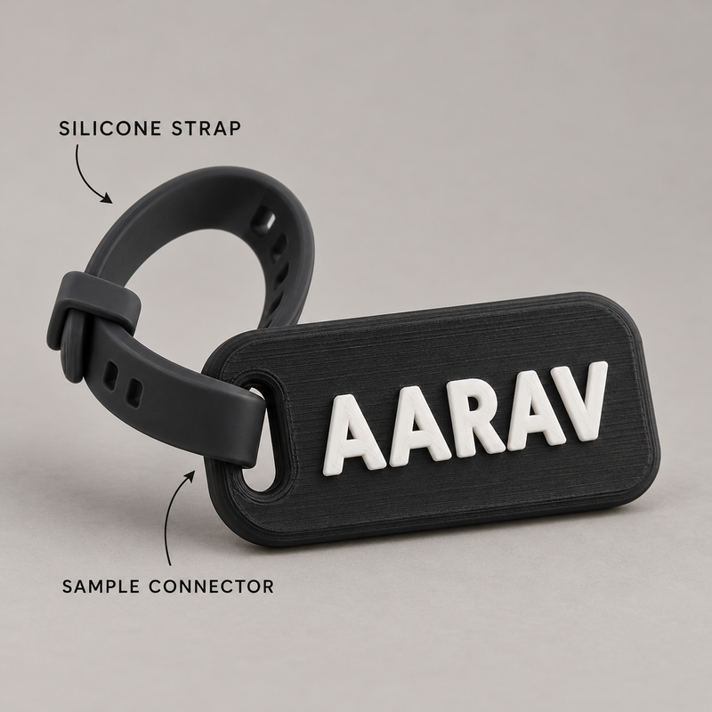 Illustrative strap connector close-up on an example name tag; product shape follows selected design