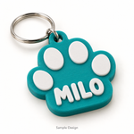 Rubnic sample teal 3D printed paw keychain personalized with pet name MILO