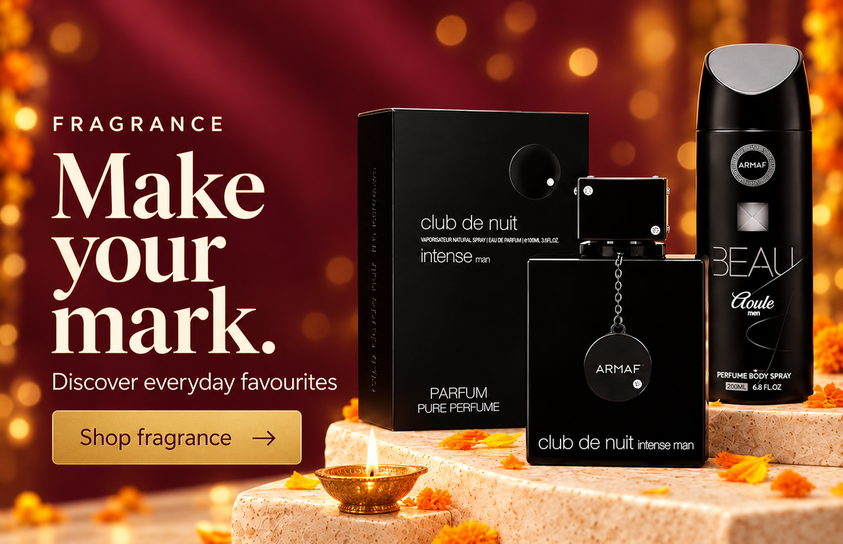 fragrance collection at RUBNIC, Diwali maroon and gold design