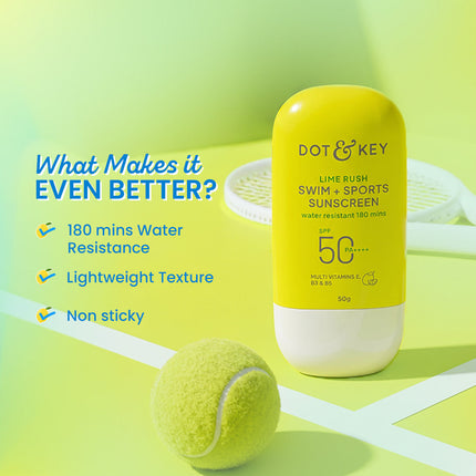 Dot & Key Lime Rush Swim + Sports Sunscreen SPF 50+ PA++++ - 50g – water resistance and texture