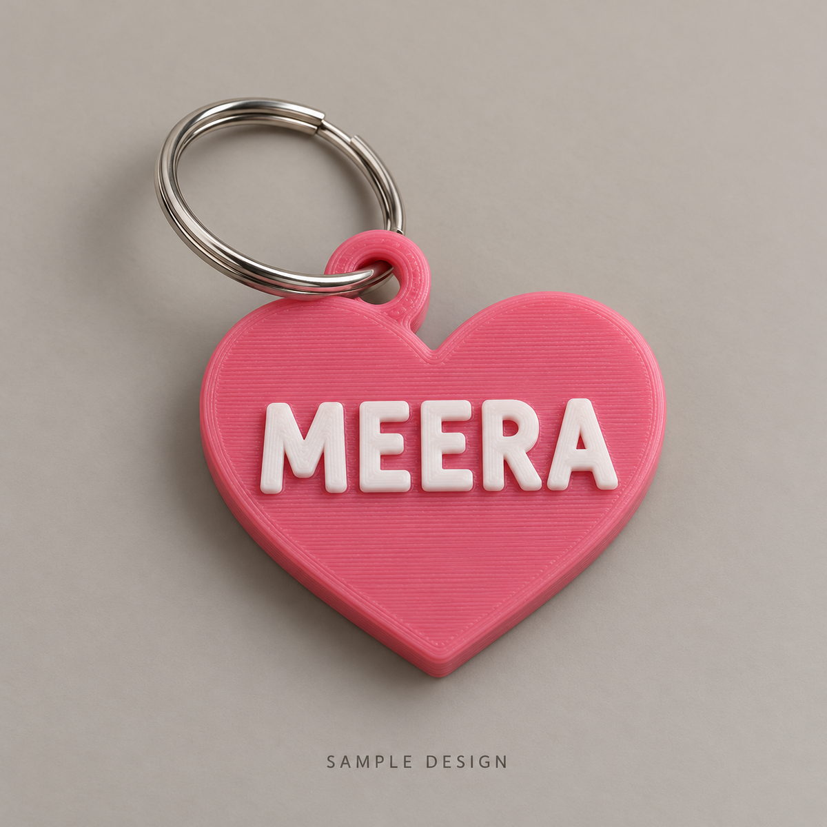 Personalized Heart Name Keychain — illustrative sample mockup, metal keyring shown