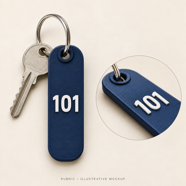 Custom Hotel Room Keychain – Classic, 1 Line – illustrative 3D printed sample and attachment views
