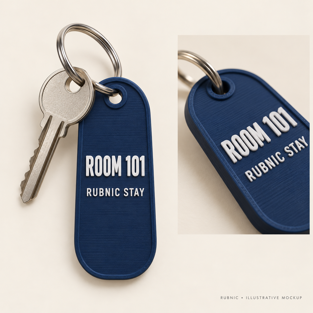 Illustrative Rubnic Custom Hotel Room Keychain – Classic, 2 Lines front and attachment views