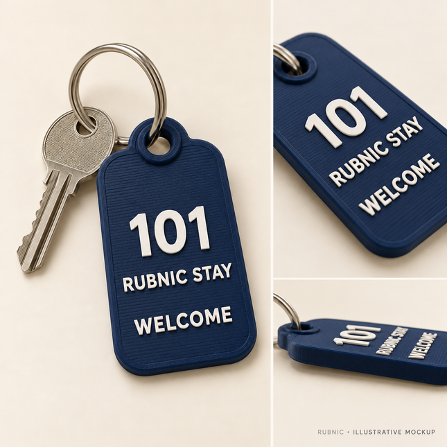 Custom Hotel Room Keychain – Classic, 3 Lines – illustrative 3D printed sample and attachment views