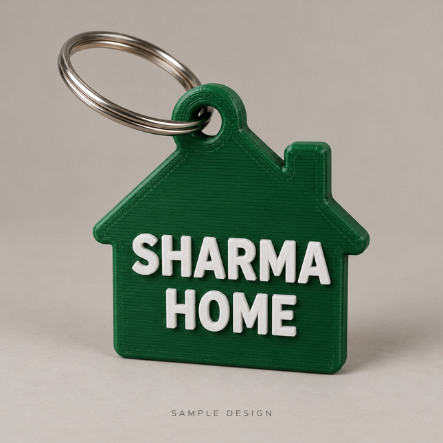 Personalized House Keychain – Two Lines — illustrative sample mockup, metal keyring shown