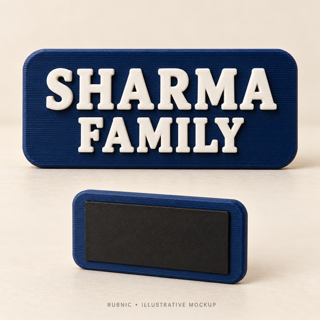 Personalized Fridge Magnet – Two Lines – illustrative 3D printed sample and attachment views