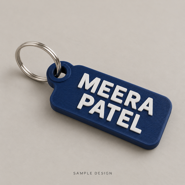 Personalized Name Keychain – Two Lines, 10 Letters — illustrative sample mockup, metal keyring shown