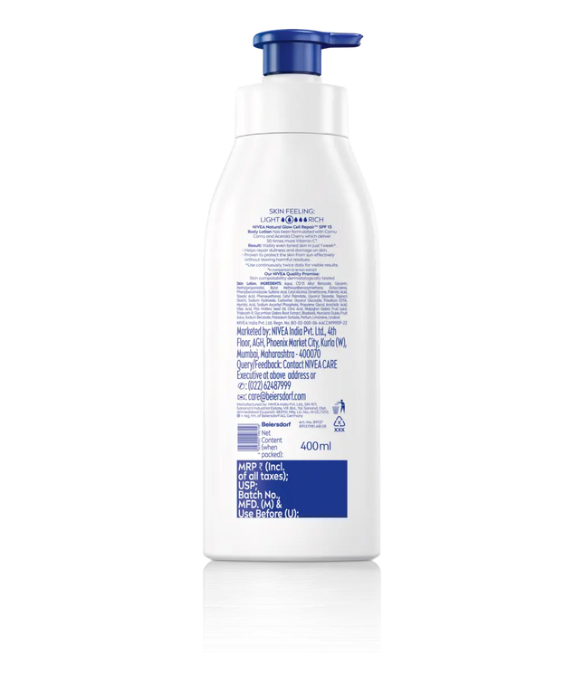 NIVEA Natural Glow SPF 15 Body Lotion 400ml – back label
