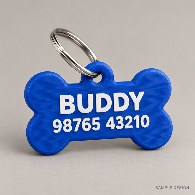 Personalized Bone Pet ID Tag – Name & Contact — illustrative sample mockup, metal keyring shown
