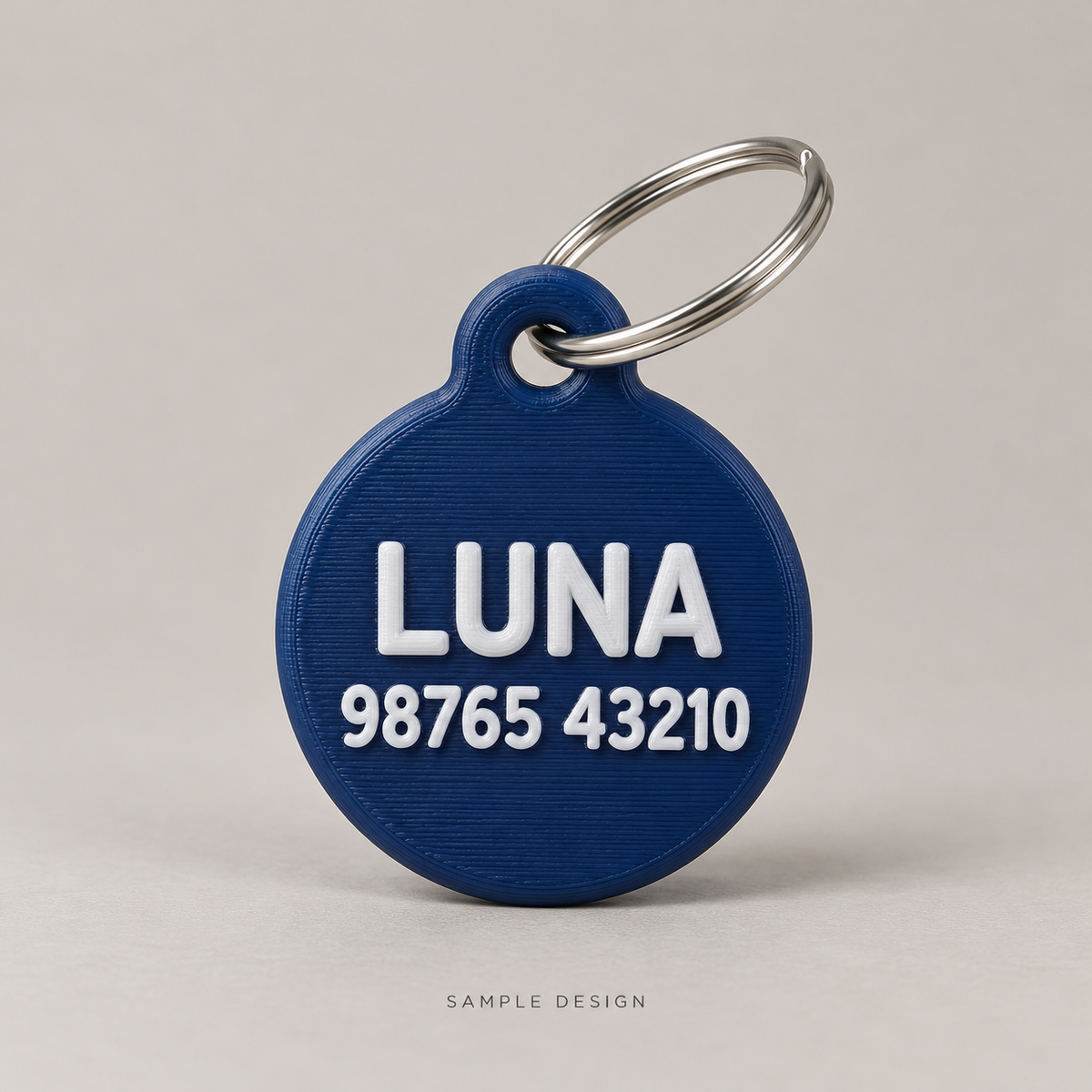 Personalized Round Pet ID Tag – Name & Contact — illustrative sample mockup, metal keyring shown