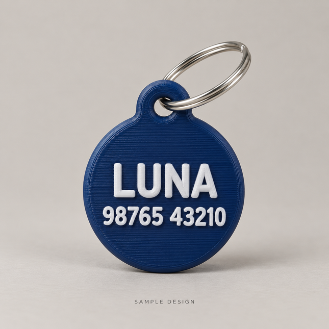Personalized Round Pet ID Tag – Name & Contact — illustrative sample mockup, metal keyring shown
