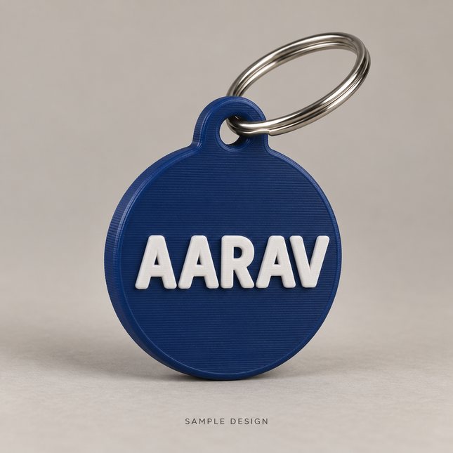 Personalized Round Name Keychain — illustrative sample mockup, metal keyring shown