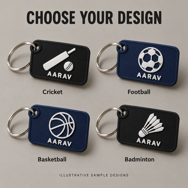 Illustrative Cricket, Football, Basketball, Badminton design choices; price applies to selected pack, not every style shown