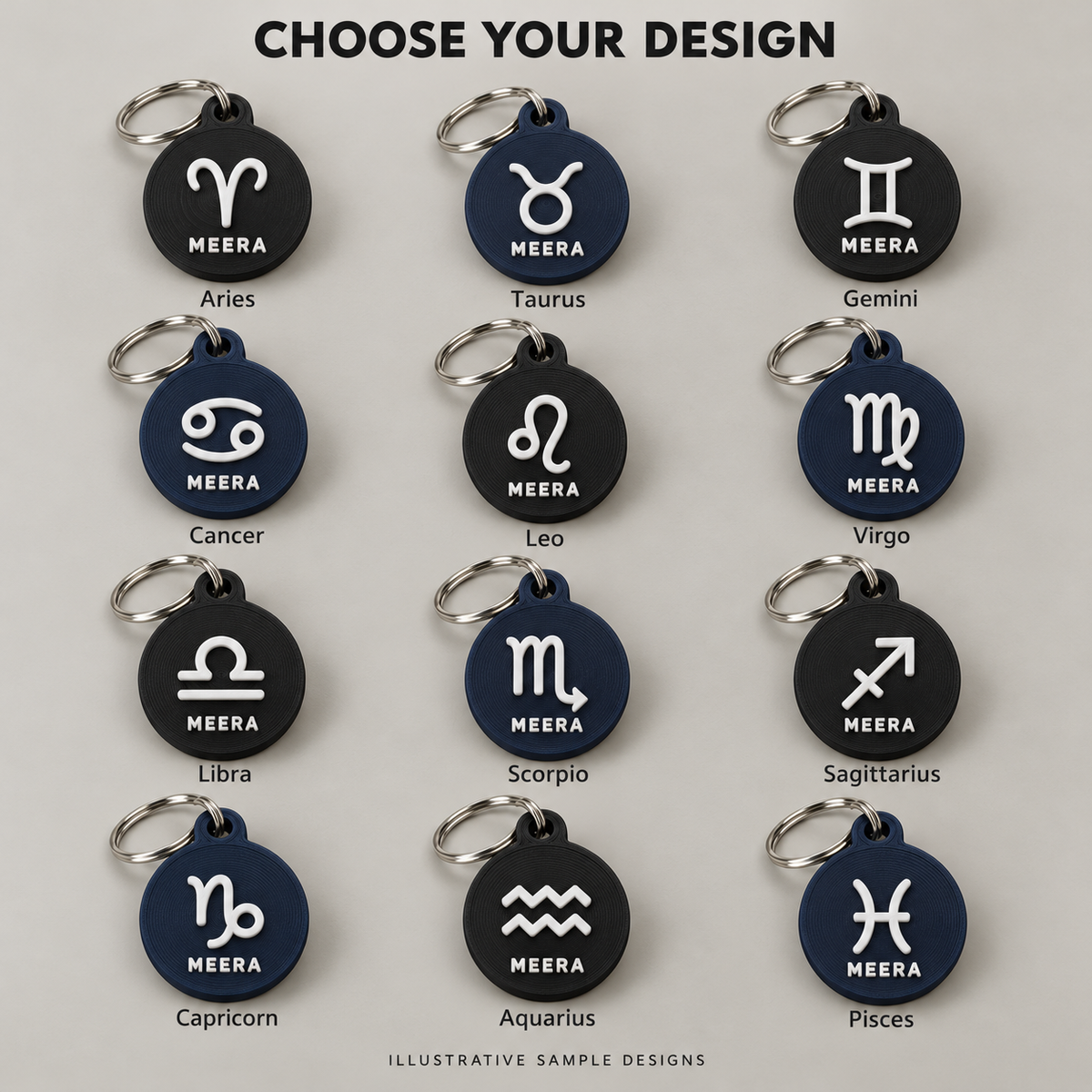 Illustrative Aries, Taurus, Gemini, Cancer, Leo, Virgo, Libra, Scorpio, Sagittarius, Capricorn, Aquarius, Pisces design choices; price applies to selected pack, not every style shown