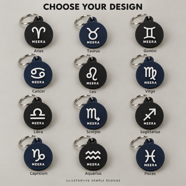 Illustrative Aries, Taurus, Gemini, Cancer, Leo, Virgo, Libra, Scorpio, Sagittarius, Capricorn, Aquarius, Pisces design choices; price applies to selected pack, not every style shown