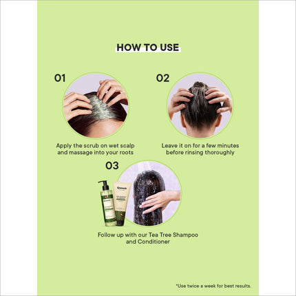 Ingredients of Quench Dandruff Control Scalp Scrub highlighted, including tea tree, suitable as a scalp scrub for dandruff relief.