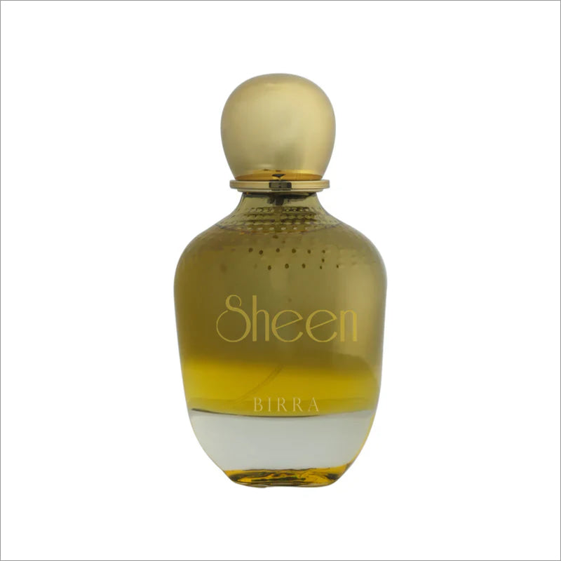 Sheen premium perfume bottle from BIRRA, featuring a round gold cap and a bulbous glass design, showcasing the golden liquid inside.