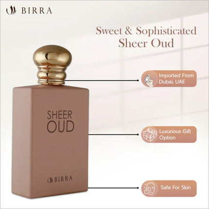 Sheer Oud Eau de Parfum with emphasis on its features like being imported from Dubai and safe for skin, captured in a modern and elegant display.